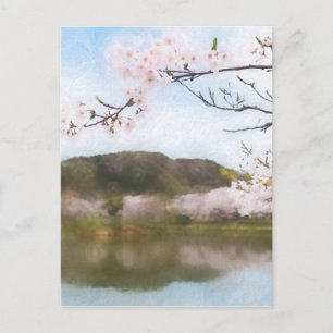 Cartão Postal Linda flor de cereja e lagoa