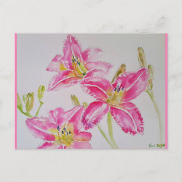 Cartão Postal Linda Flor de Lírio em Rosa em Pintura em Aquarela