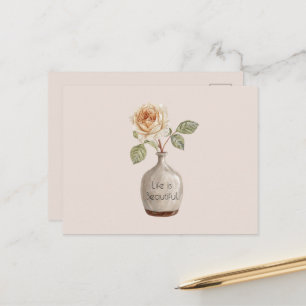 Cartão Postal Linda Flor de Rosa Bege em Vaso