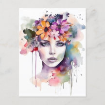 Linda Garota de Aquarela com Flores no Cabelo