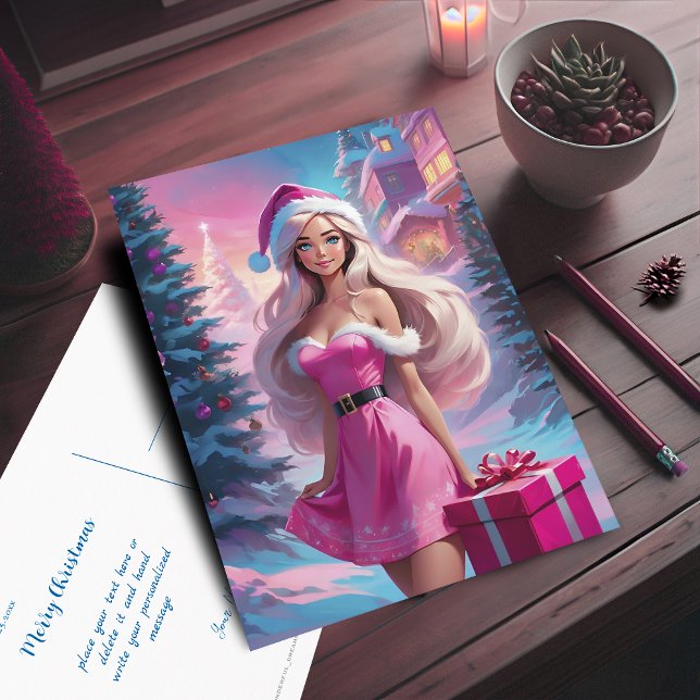 Cartão Postal Linda garota de Natal rosa 01 (Beautiful Pink Christmas Girl Postcard. Customizable with your text.)