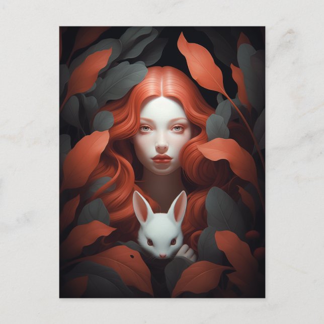 Cartão Postal Linda Garota Vermelha Segurando Um Coelhinho (Frente)