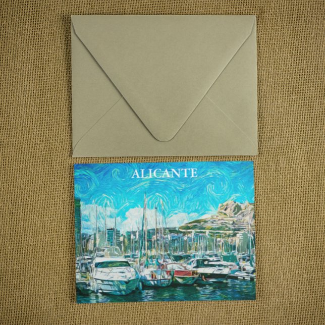 Cartão Postal Linda ilustração da pintura a óleo Alicante (Alicante Spain coastal view postcard)