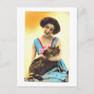 Cartão Postal Linda Jovem Menina e Seu Gato