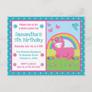 Cartão Postal Linda Llama Cor-de-Rosa Floral Arco-Íris Aniversár