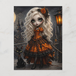 Cartão Postal Linda loira de Halloween e seu gato preto