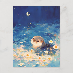 Cartão Postal Linda lontra nadando sob a lua crescente