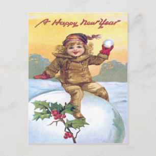 Cartão Postal Linda Menina Bola de Neve Azevinho