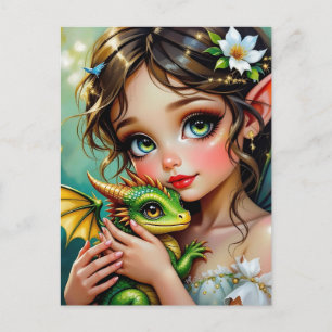 Cartão Postal Linda Menina com Tema de Fada e Dragão 