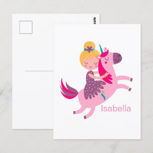 Cartão Postal Linda Menina de Cabelo Amarelo Cavalgando um Unicó