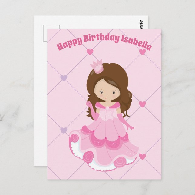 Cartão Postal Linda Menina Princesa Rosa Aniversário Feliz Perso (Frente/Verso)