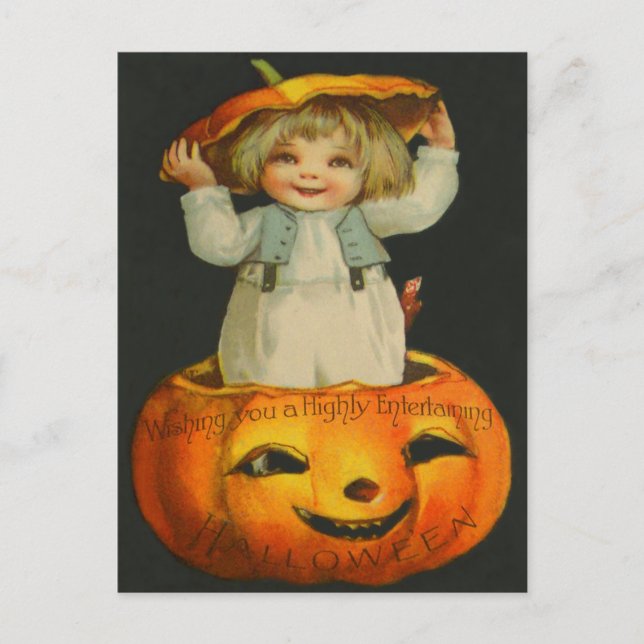 Cartão Postal Linda Menina Sorridente Abóbora Jack O' Lantern (Frente)