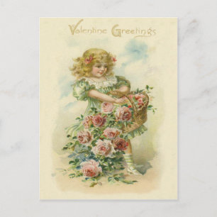 Cartão Postal Linda Menininha Rosas Cor-de-Rosa
