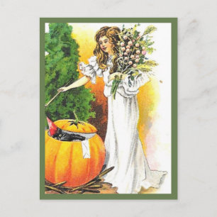Cartão Postal Linda mulher e abóbora - Vintage Halloween