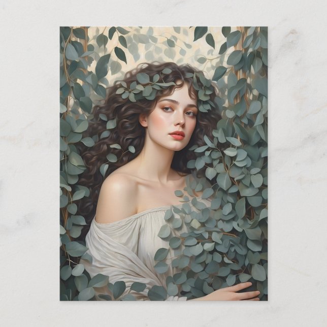 Cartão Postal Linda mulher entre as folhas de Eucalyptus (Frente)