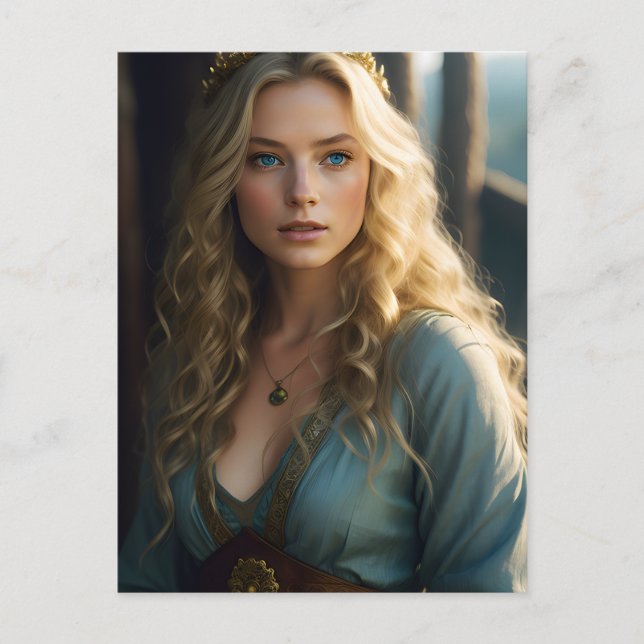 Cartão Postal Linda mulher loira amaldiçoada em vestida Dourado  (Frente)