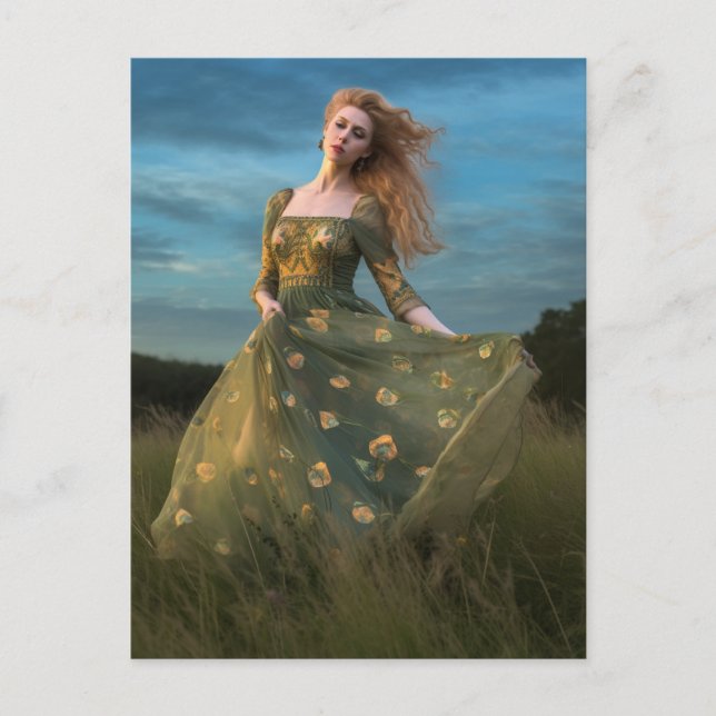 Cartão Postal Linda mulher num vestido verde (Frente)