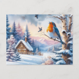 Cartão Postal Linda Pássaro e Paisagem de Inverno 14