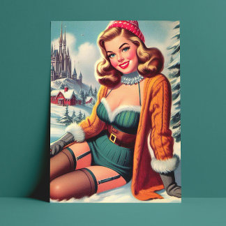 Cartão Postal Linda Pin-up de Inverno Retrô