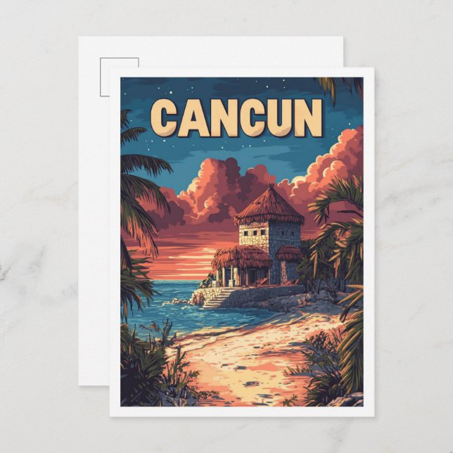 Cartão Postal Linda praia de Cancun, Viagem da ilustração do Méx (Frente/Verso)
