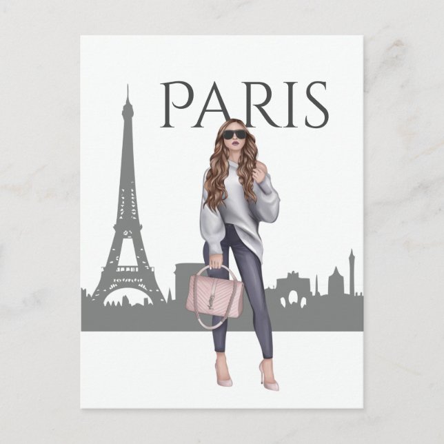 Cartão Postal Linda Trendy Girl em Paris com Torre Eiffel (Frente)