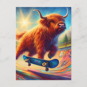 Cartão Postal Linda Vaca das Terras Altas de Skate