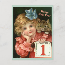 Cartão Postal Linda Vintage Girl & Kitten copy New Year