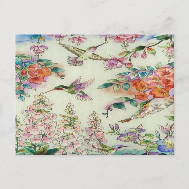 Cartão Postal Lindas flores de beija-flores de vidro manchado (Frente)