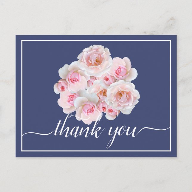 Cartão Postal Lindas Rosas Rosa Cor-de-Fundo Chic Obrigado (Frente)