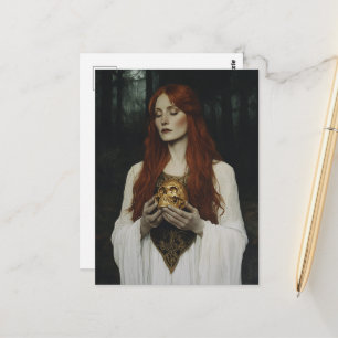Cartão Postal Lindíssima Deusa Ruiva Com uma Caveira Dourada