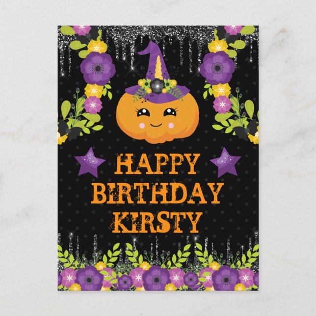 Cartão Postal Lindo abóbora de Halloween floral feliz aniversári (Frente)