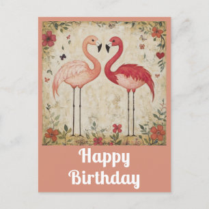 Cartão Postal Lindo Aniversário Aquarela Flamingo Rosa
