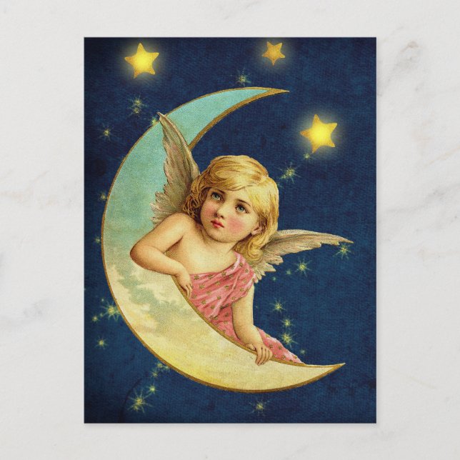 Cartão Postal Lindo Anjo Celestial Vitoriano no Crescente da Lua (Frente)