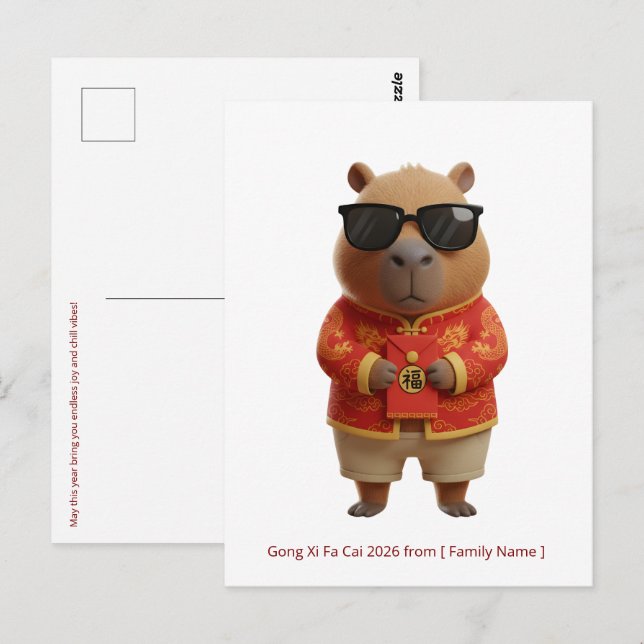 Cartão Postal Lindo Ano Novo Lunar do Capivara 2026 Família Pers (Frente/Verso)