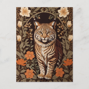 Cartão Postal Lindo Bobcat em Fundo Floral Marrom