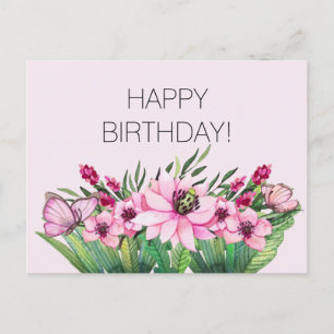 Cartão Postal Lindo Borboleta Floral Rosa Aniversário