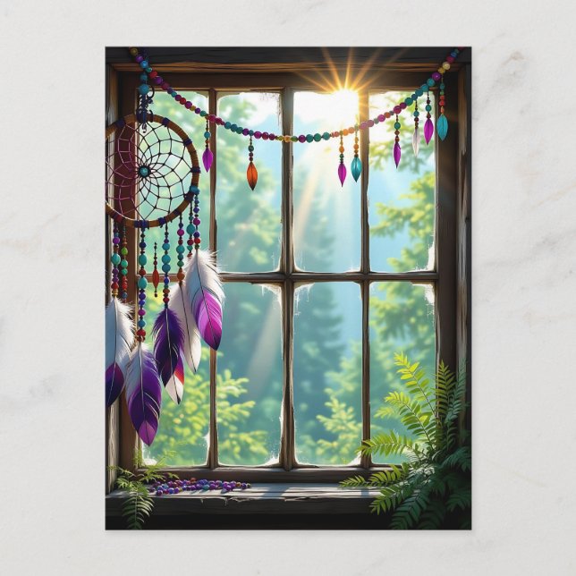 Cartão Postal Lindo Capturador de Sonhos Roxo na Janela   (Frente)