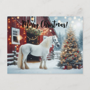 Cartão Postal Lindo cavalo branco e celeiro vermelho