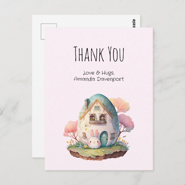 Cartão Postal Lindo Coelho Rosa Kawaii Agradecimento (Frente/Verso)