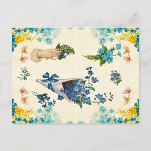 Cartão Postal Lindo Decoupage Floral Azul e Amarelo Vintage 