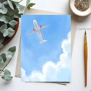 Cartão Postal Lindo Dia Céu Azul Nuvens Avião Aquarela