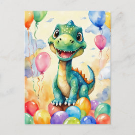 Cartão Postal Lindo dinossauro com muitos balões coloridos