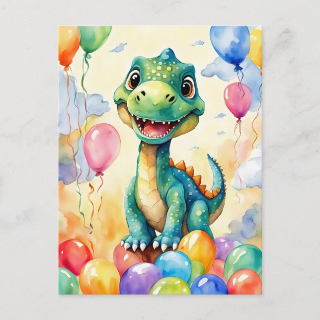 Cartão Postal Lindo dinossauro com muitos balões coloridos (Frente)