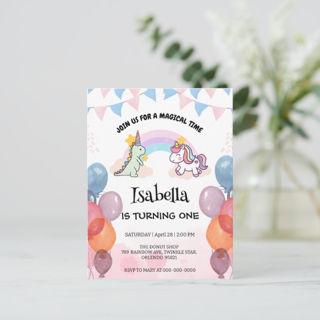 Cartão Postal Lindo Dinossauro Unicórnio arco-íris Balão anivers (Em pé/Frente)