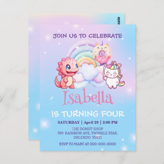 Cartão Postal Lindo Dinossauro Unicórnio Balão Arco-íris Anivers (Frente/Verso)