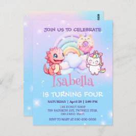 Cartão Postal Lindo Dinossauro Unicórnio Balão Arco-íris Anivers