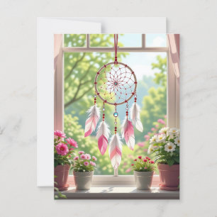 Cartão Postal Lindo Dreamcatcher Rosa e Plantas no Parapeito da 