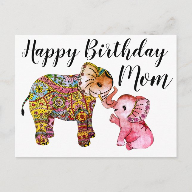 Cartão Postal Lindo Elefante Boho Feliz Aniversário Mãe (Frente)