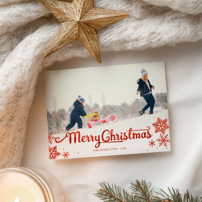 Cartão Postal Lindo Floco de Neve de Natal em Script Vermelho Fo (Criador carregado)