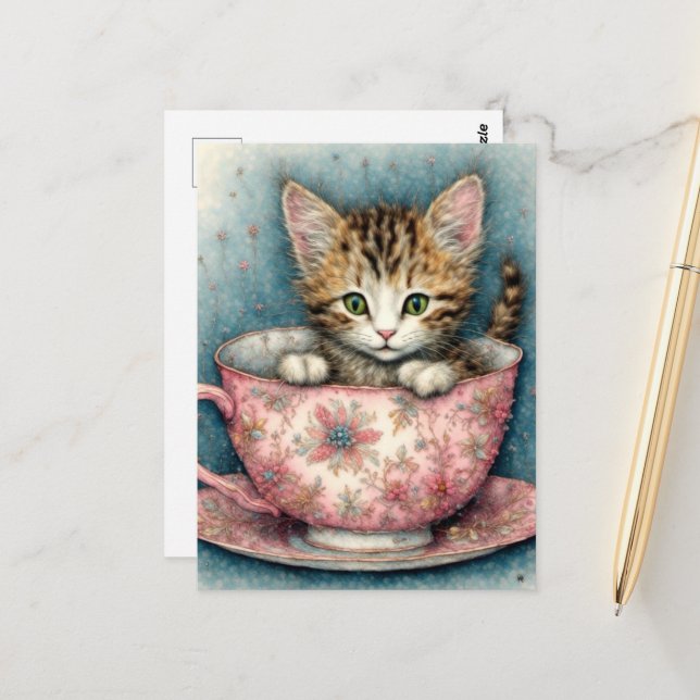 Cartão Postal Lindo gatinho em uma xícara de chá  (Frente/Verso In Situ)
